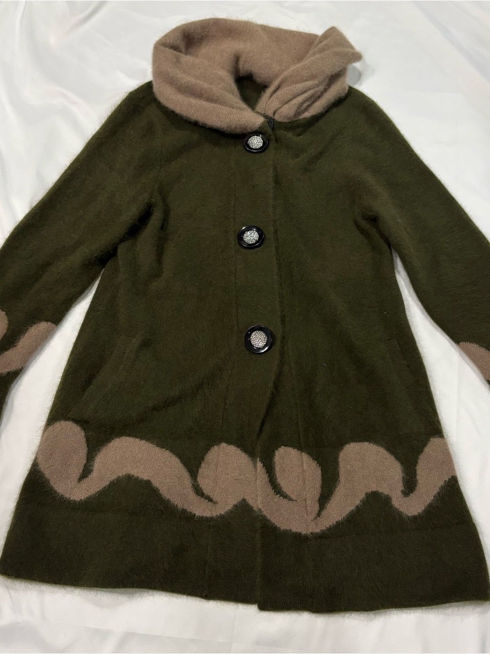 Riccos 100% Mink Cashmere Hooded Sweater Duster Cardigan XL Button Down Green - Picture 7 of 16